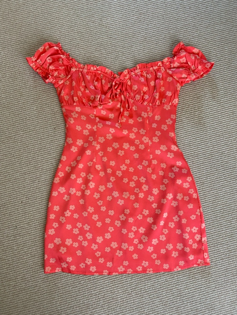Glamorous Coral Pink Daisy Floral Off-Shoulder Mini Dress with Ruffle Sleeves 6